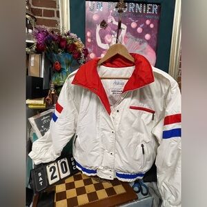 vintage Slalom goose down filled puffer ski jacket in white with red $ blue